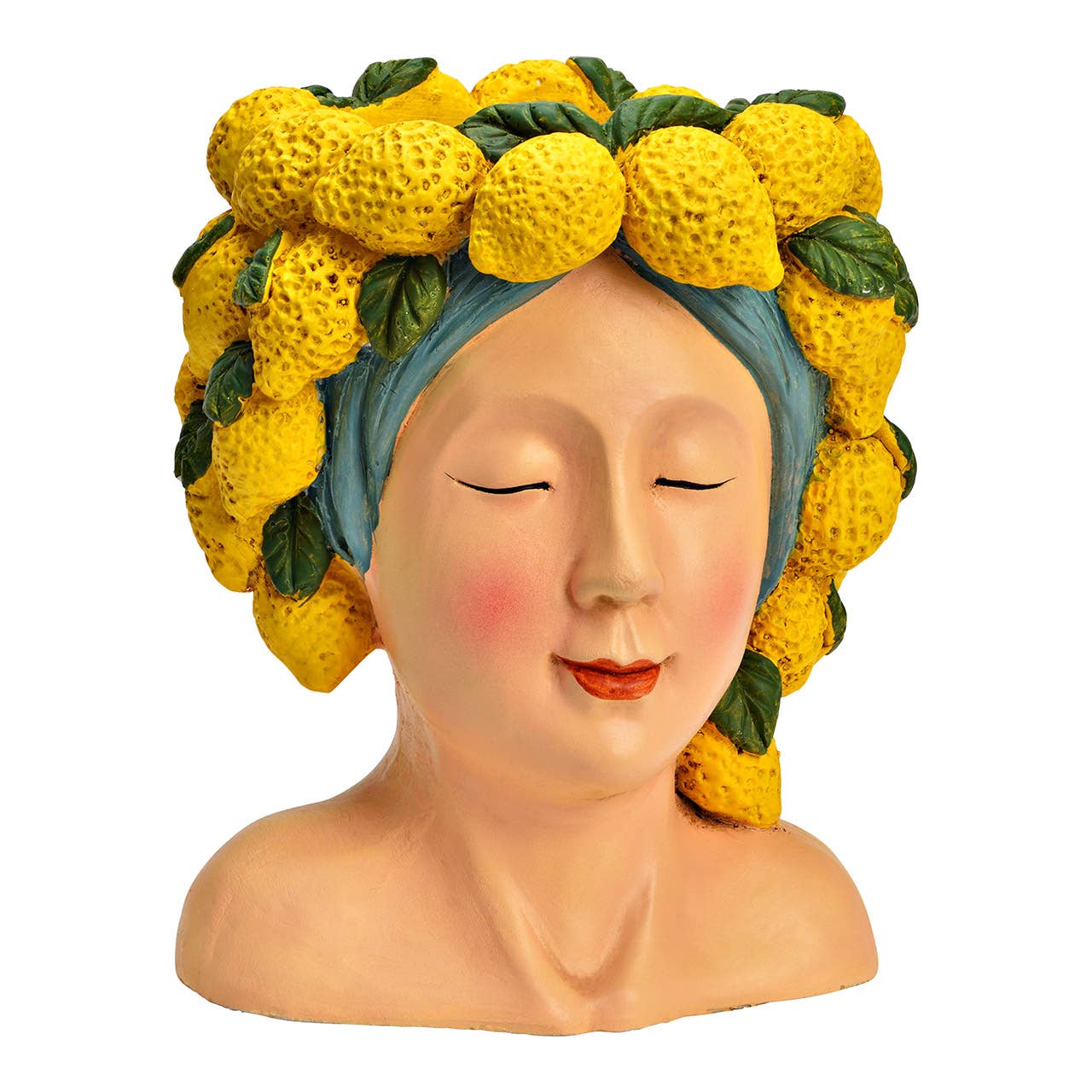 Maceta con forma de cabeza de mujer con limones